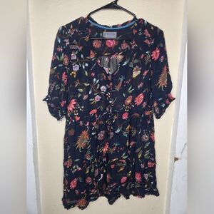 Anthropologie Top Blouse Floral Black Red Flowers Front Buttons Womens Large